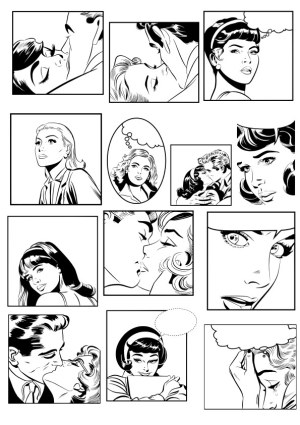 Vintage Romance Comic Panels Black and White Line Art Free Vector