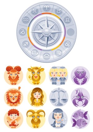 Zodiac Signs with Cartoon Characters and Compass Free Vector