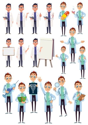 Set of Male and Female Doctor Characters in Various Professional Poses Free Vector