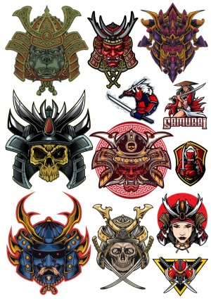 Collection of Samurai Helmet and Warrior Vector Illustrations Free Vector