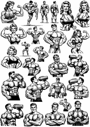 Detailed Vector Illustrations of Muscular Male and Female Bodybuilders Free Vector