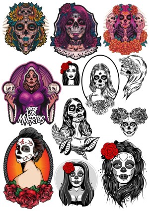 Day of the Dead Sugar Skull Women Vector Set Free Vector