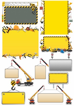Construction Themed Vector Frames and Hanging Signs with Tools and Machinery Free Vector