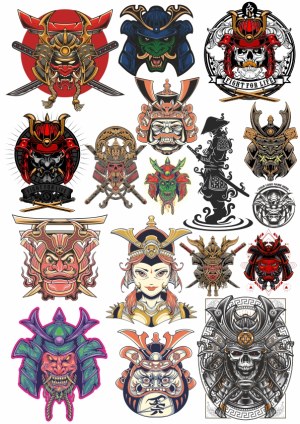 Collection of Detailed Samurai and Oni Helmet Vector Illustrations Free Vector