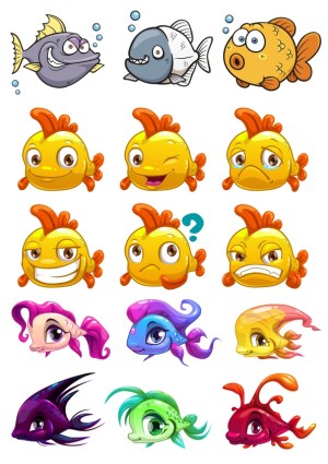 Set of Cartoon Fish Characters with Various Expressions and Colors Free Vector
