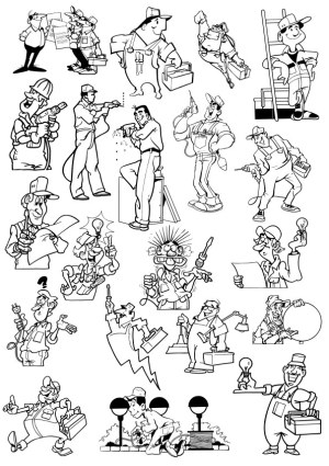 Collection of Black and White Cartoon Construction Workers and Electricians Free Vector