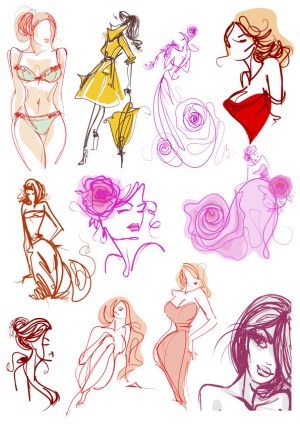 Fashion Sketches of Women in Various Poses and Outfits Free Vector