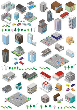Isometric City Buildings and Vehicles Vector Set Free Vector