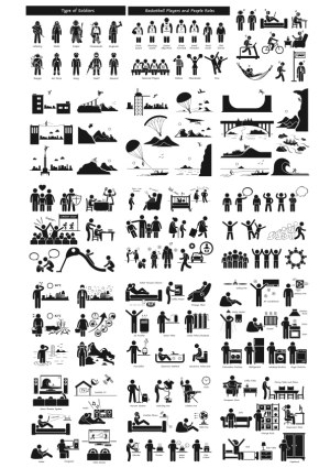 Various Silhouette Icons of Soldiers, Sports, Outdoor Activities, and Everyday Life Roles Free Vector