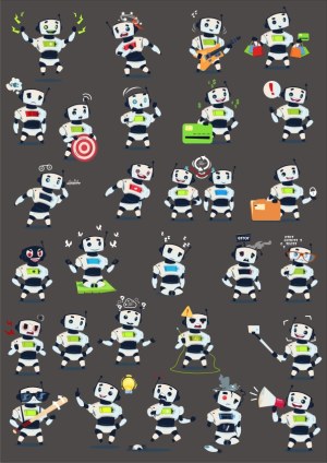 Set of 30 Cute Robot Characters with Various Expressions and Activities Free Vector