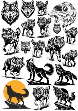 Black and White Vector Wolf Illustrations Collection Free Vector