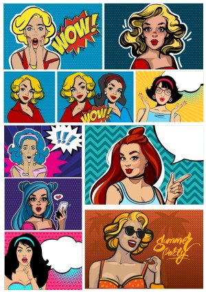 Pop Art Cartoon Women Expressions and Speech Bubbles Collection Free Vector