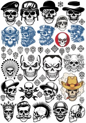 Collection of Various Skull Illustrations with Different Hats and Accessories Free Vector
