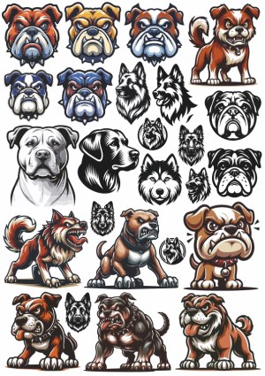 Set of Bulldog and Husky Dog Vector Illustrations and Mascots Free Vector