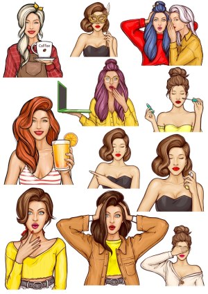 Set of Diverse Women Expressing Emotions and Activities Free Vector