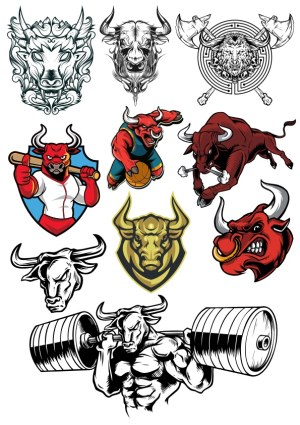 Bull-Themed Sport and Strength Vector Illustrations Free Vector