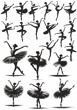 Black Silhouette Ballet Dancers in Various Poses Free Vector