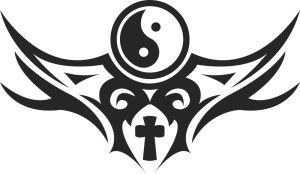 Tribal Tattoo Design with Yin Yang Symbol and Cross Free Vector