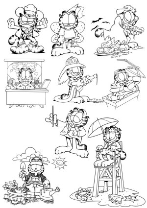 Garfield Comic Character in Various Costumes and Roles Line Art Free Vector