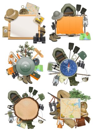 Set of Outdoor Adventure and Camping Frames with Equipment Free Vector