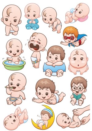 Cute Baby Character Set with Various Activities and Expressions Free Vector