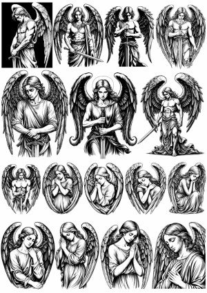Black and White Angel Illustrations with Swords and Prayer Poses Free Vector