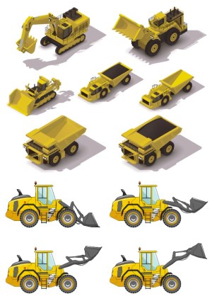 Isometric and Side View Yellow Construction Vehicles Set Free Vector
