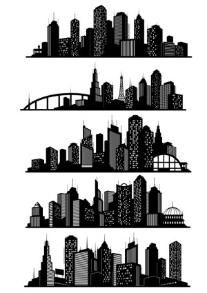 Set of Five Black City Skyline Silhouettes Free Vector