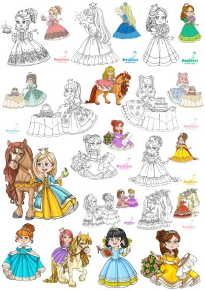 Colorful and Black-and-White Princess Girls with Horses and Cakes Vector Collection Free Vector