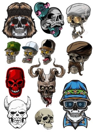 Collection of Detailed Skull Vector Illustrations with Various Accessories and Expressions Free Vector