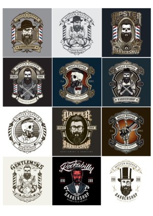Vintage Hipster Barbershop Labels with Bearded Men and Skulls Free Vector