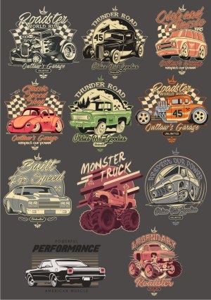Vintage and Classic Cars and Trucks Vector Set with Speed and Performance Themes Free Vector