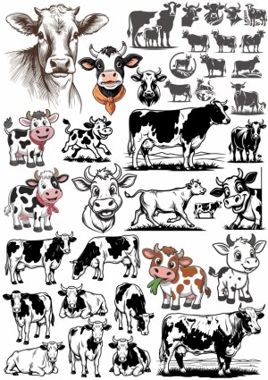 Collection of Cow Vector Illustrations in Various Styles Free Vector