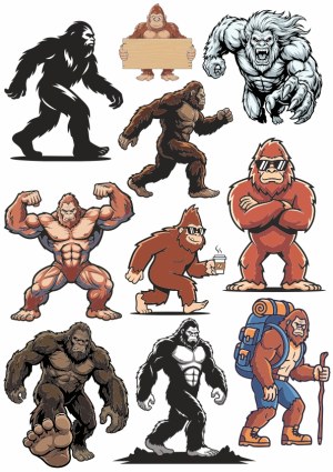 Collection of Unique Bigfoot and Sasquatch Cartoon and Silhouette Illustrations Free Vector