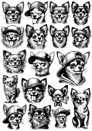 Black and White Hand-Drawn Chihuahua Dog Faces and Poses Free Vector