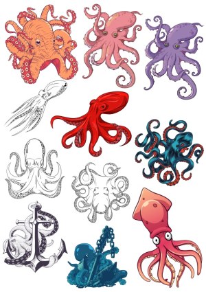 Collection of Diverse Octopus and Squid Vector Illustrations Free Vector