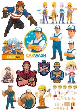 Construction and Mechanic Worker Vector Illustrations Collection Free Vector
