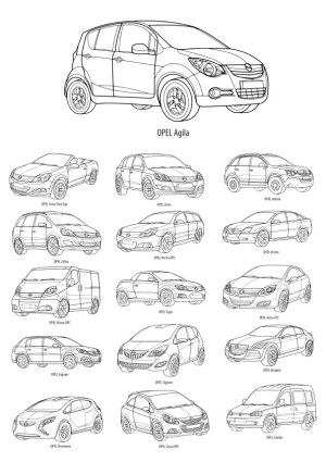 Detailed Line Art Collection of Opel Car Models Free Vector