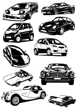 Black and White Vector Illustrations of Various Cars and Classic Vehicles Free Vector
