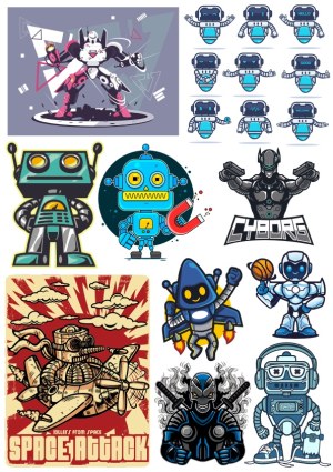 Collection of Cartoon and Futuristic Robot and Cyborg Illustrations Free Vector