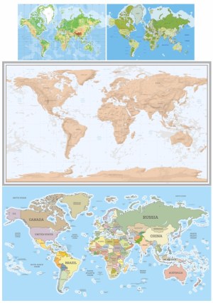 Set of Four World Maps with Different Color Schemes and Detail Levels Free Vector