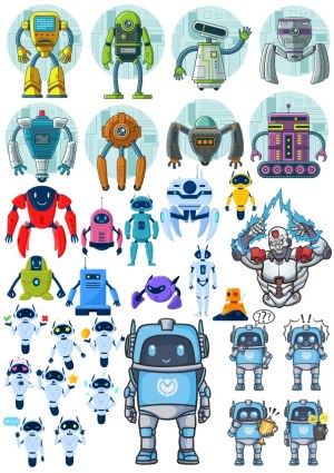 Collection of Colorful Cartoon Robot Characters and Expressions Free Vector