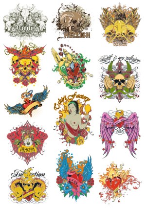 Skulls and Hearts Tattoo Style Vector Collection Free Vector