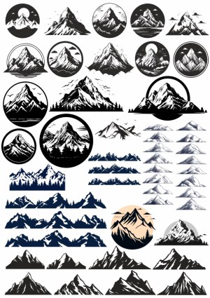 Collection of Black and White Mountain Vector Illustrations Free Vector