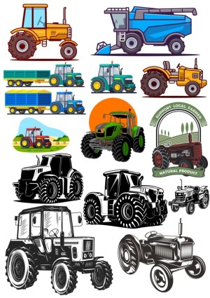 Set of Colorful and Black Tractor and Farm Machinery Vectors Free Vector