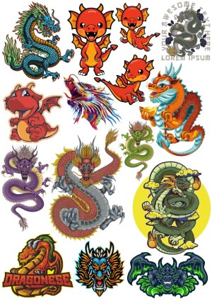 Collection of Colorful Dragon and Dragon-themed Vector Illustrations Free Vector