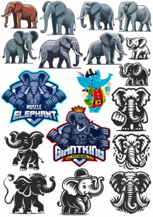 Elephant Vector Illustration Collection with Logos and Cartoon Styles Free Vector