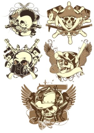 Vintage Skull Badges with Themed Accessories Free Vector