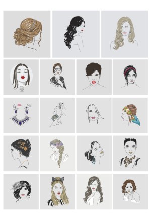 Set of Minimalist Female Portrait Vectors with Various Hairstyles and Accessories Free Vector