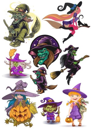 Collection of Cartoon Witch Characters with Halloween Themes Free Vector